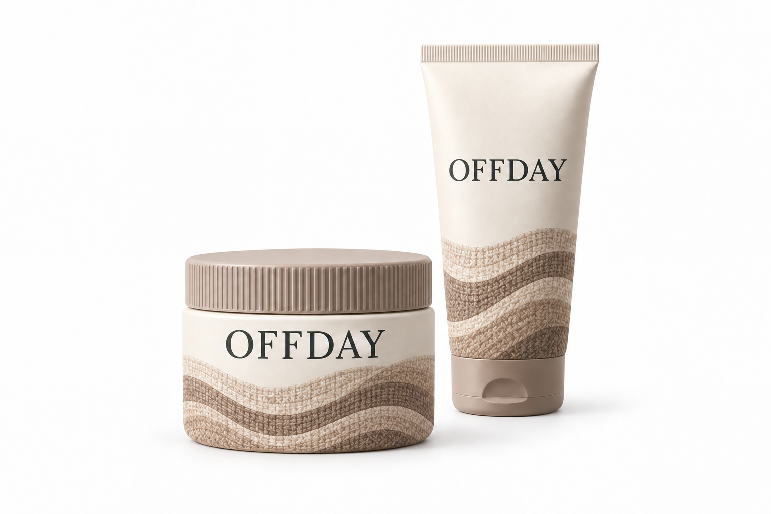 크림색 용기와 튜브로 구성된 OFFDAY 스킨케어 듀오